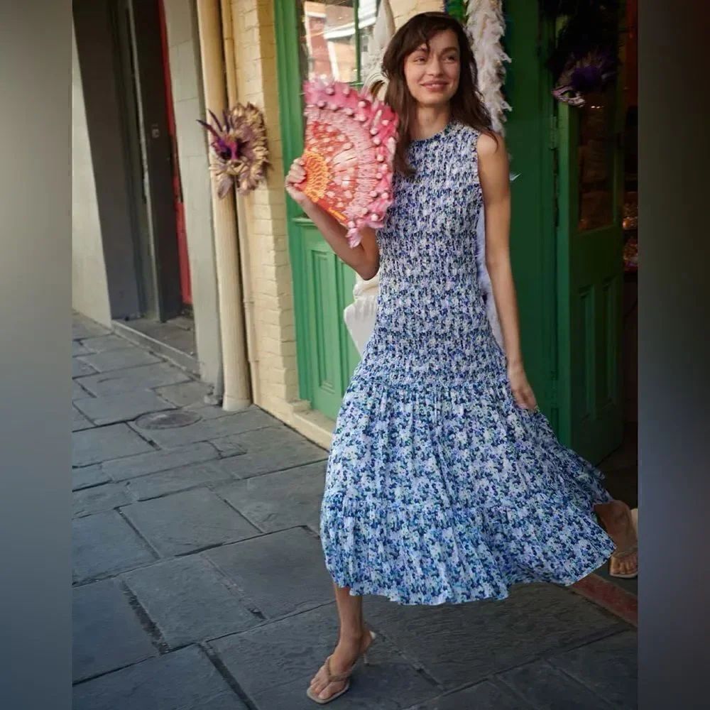 Veronica Beard Blue Verena Floral Smocked Drop Waist Dress